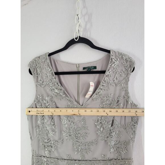 Lauren Ralph Lauren Evening Gown 12 Silver Gray Embroidered Mesh V-Neck Y2K NWT - Picture 14 of 16